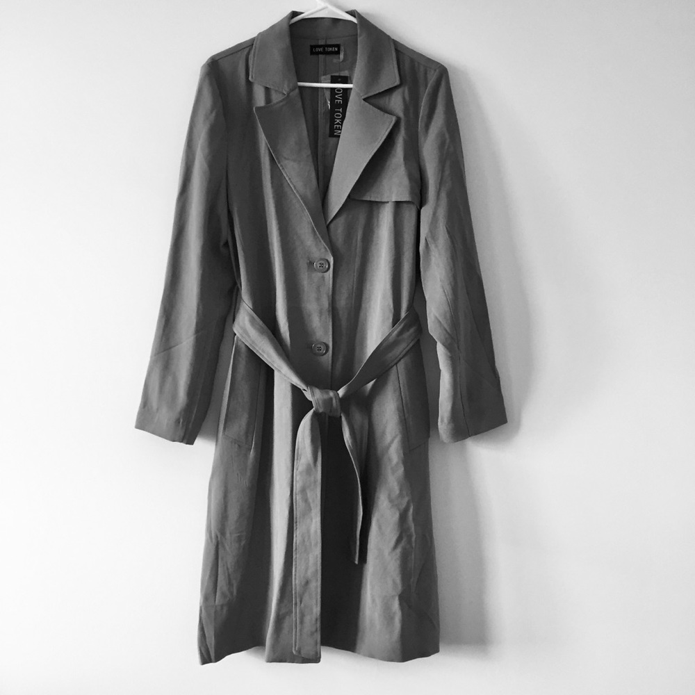 Love Token Gray Midi Tie Waist Trench Coat